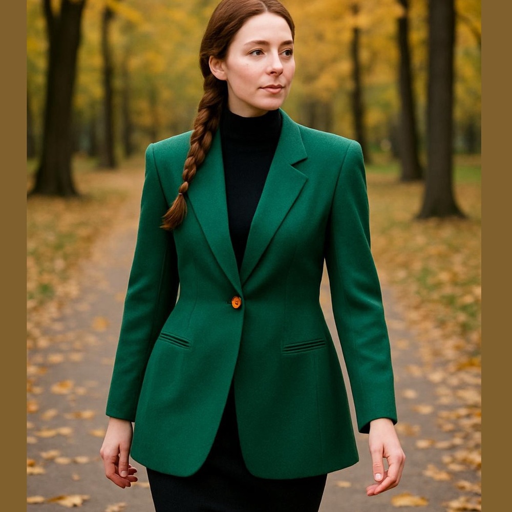 80s ASHLEY BROOKE KELLY GREEN WOOL LONG FITTED 1 BUTTON BLAZER W PEPLUM SZ 12